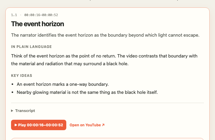 Sample section with a plain-language explanation, key ideas, and a video timestamp